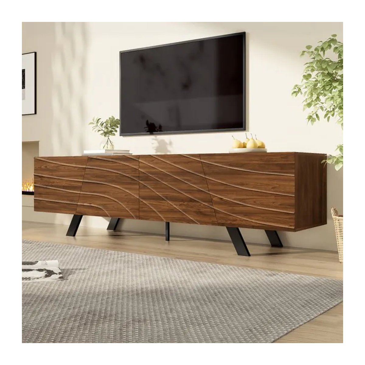 PINGGO Moderner TV-Schrank im Wavefront-Design als Lowboard in Walnuss mit schwarzen Eisenbeinen - Bild 1