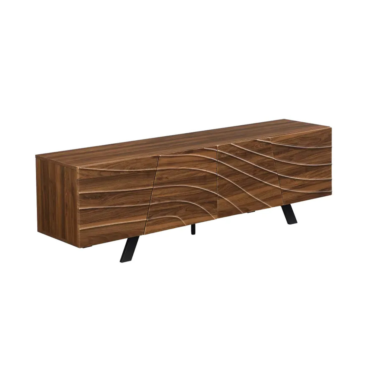 PINGGO Moderner TV-Schrank im Wavefront-Design als Lowboard in Walnuss mit schwarzen Eisenbeinen - Bild 4