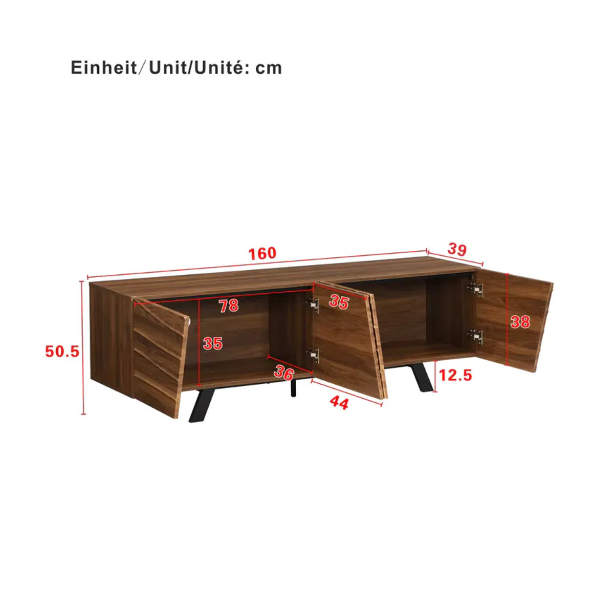 PINGGO Moderner TV-Schrank im Wavefront-Design als Lowboard in Walnuss mit schwarzen Eisenbeinen - Bild 6