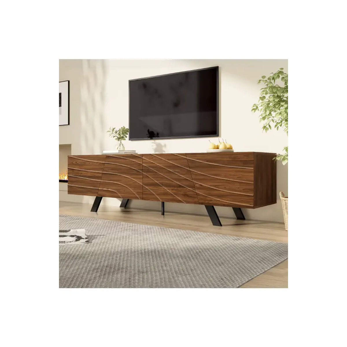 PINGGO Moderner TV-Schrank im Wavefront-Design als Lowboard in Walnuss mit schwarzen Eisenbeinen - Bild 7