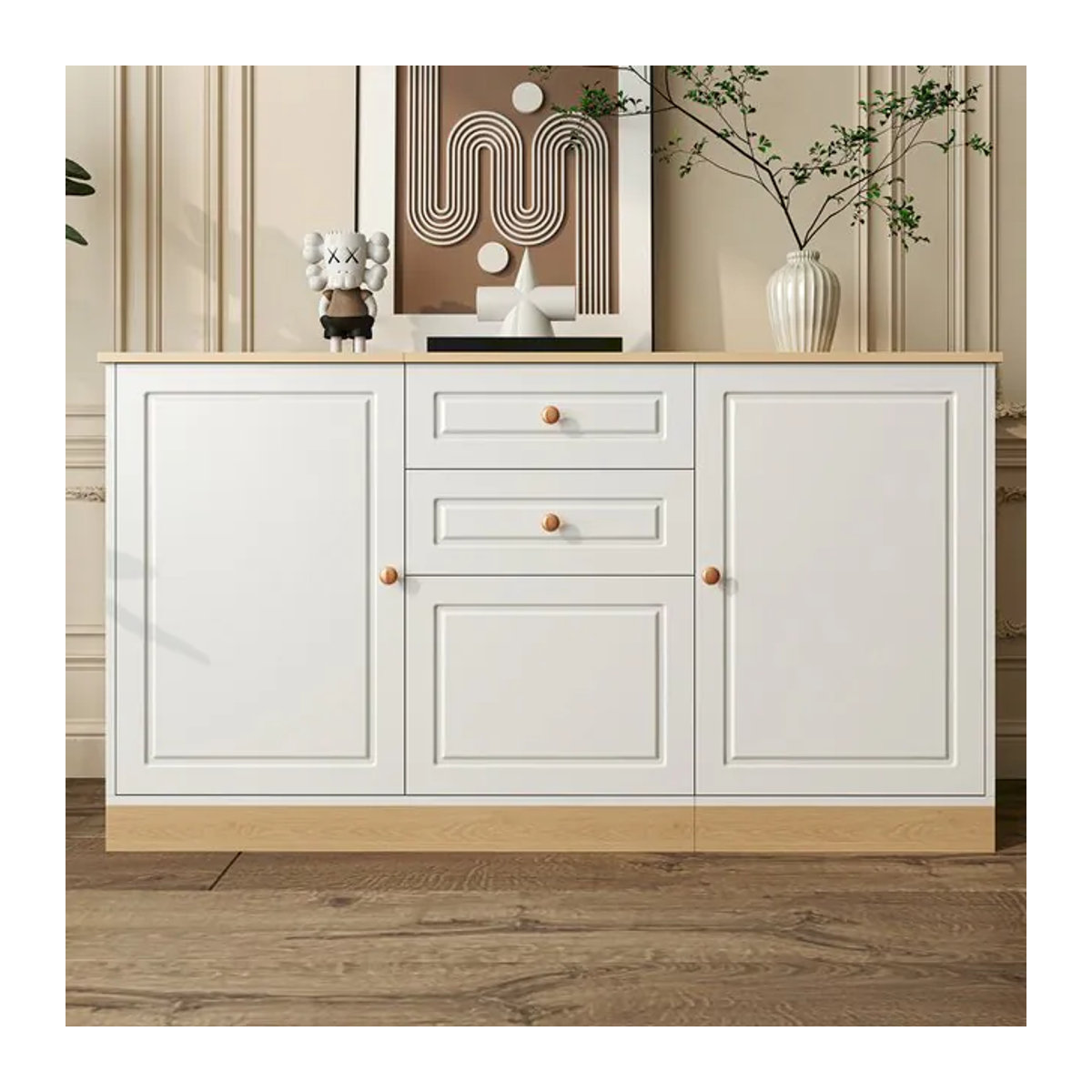 PINGGO Multifunktionales Sideboard in Weiß im Landhausstil mit drei Türen und zwei Schubladen aus Holzwerkstoff - Bild 1