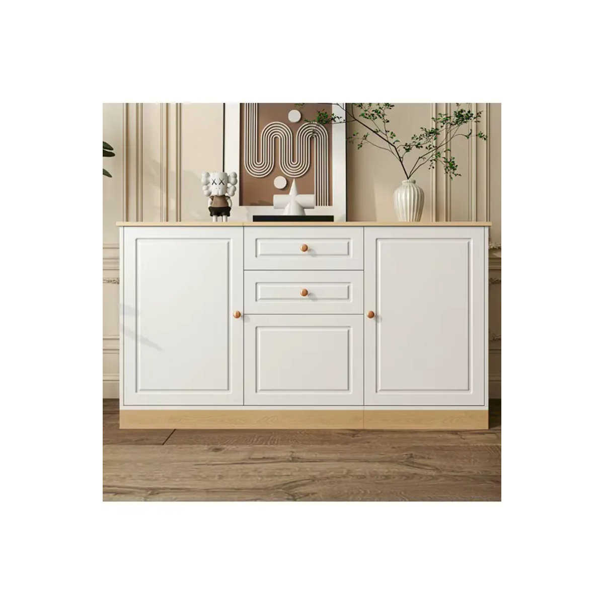 PINGGO Multifunktionales Sideboard in Weiß im Landhausstil mit drei Türen und zwei Schubladen aus Holzwerkstoff - Bild 3
