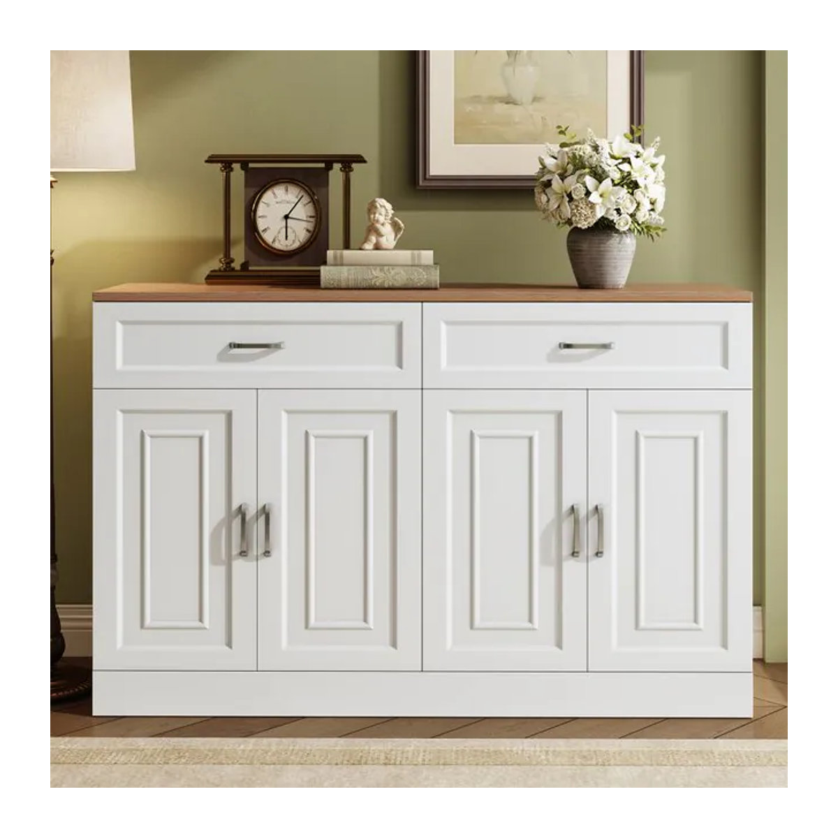 PINGGO Sideboard mit 2 Schubladen und Regalen im Sägedesign aus Naturholz und Holzwerkstoff in Natur und Weiß - Bild 1