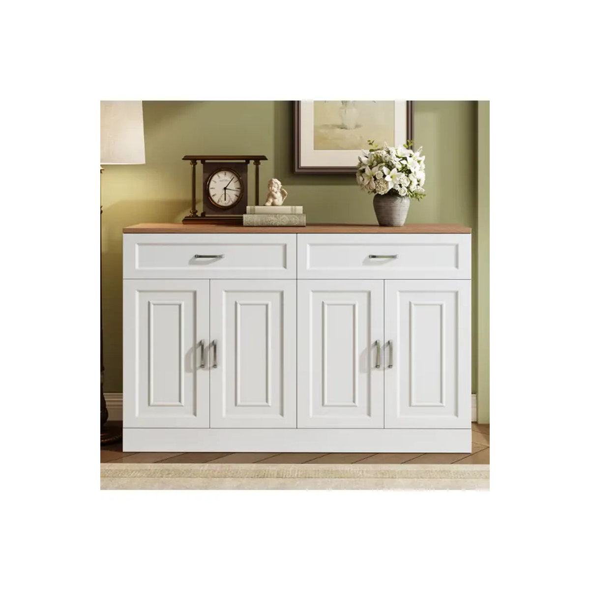 PINGGO Sideboard mit 2 Schubladen und Regalen im Sägedesign aus Naturholz und Holzwerkstoff in Natur und Weiß - Bild 3