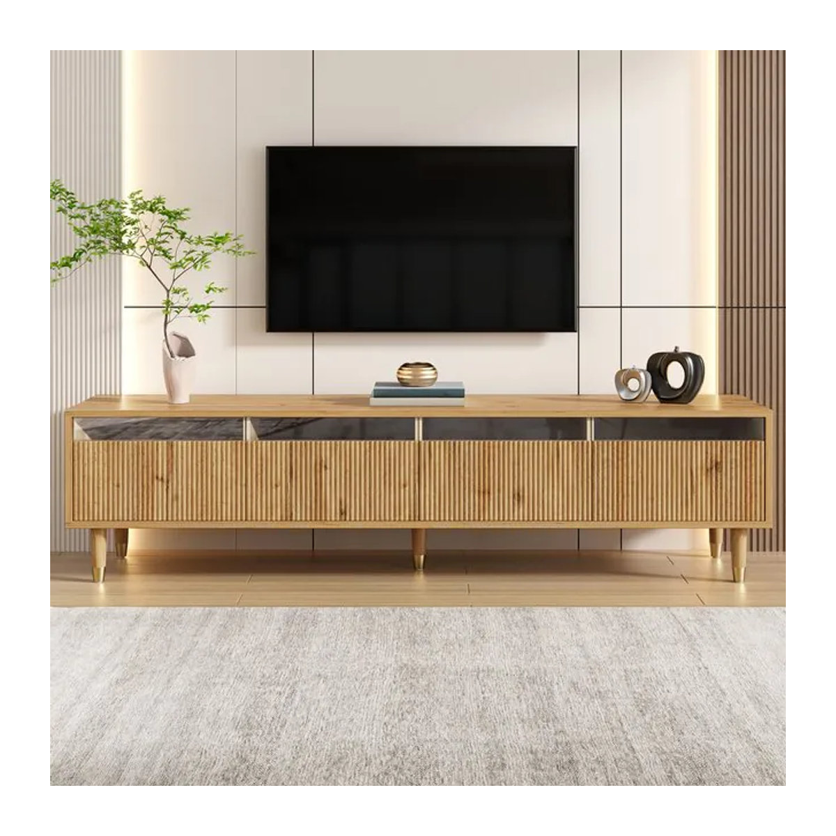 PINGGO TV-Schrank aus Holz in Eiche Natur mit 4 Schubladen, modernes und minimalistisches Design, B/T/H: 178 x 35 x 45 cm - Bild 1