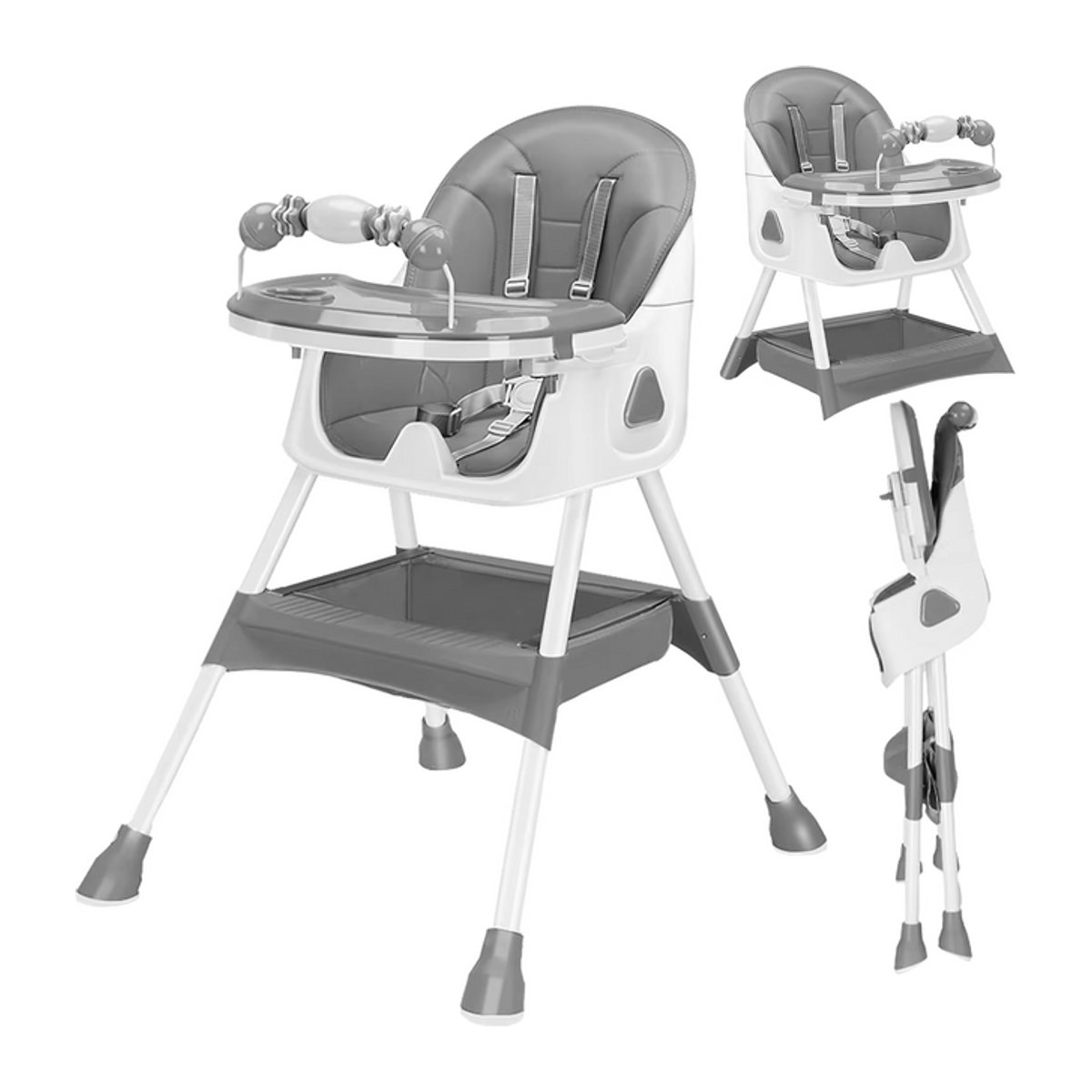 PIORLADO 3-in-1 Hochstuhl für Babys, faltbar und tragbar, umwandelbarer Hochstuhl mit doppelschichtigem Speiseteller in Beige oder Grau - Bild 1