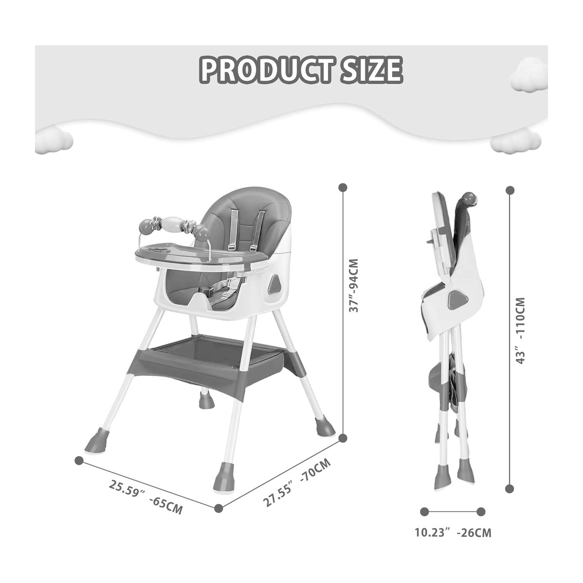 PIORLADO 3-in-1 Hochstuhl für Babys, faltbar und tragbar, umwandelbarer Hochstuhl mit doppelschichtigem Speiseteller in Beige oder Grau - Bild 2