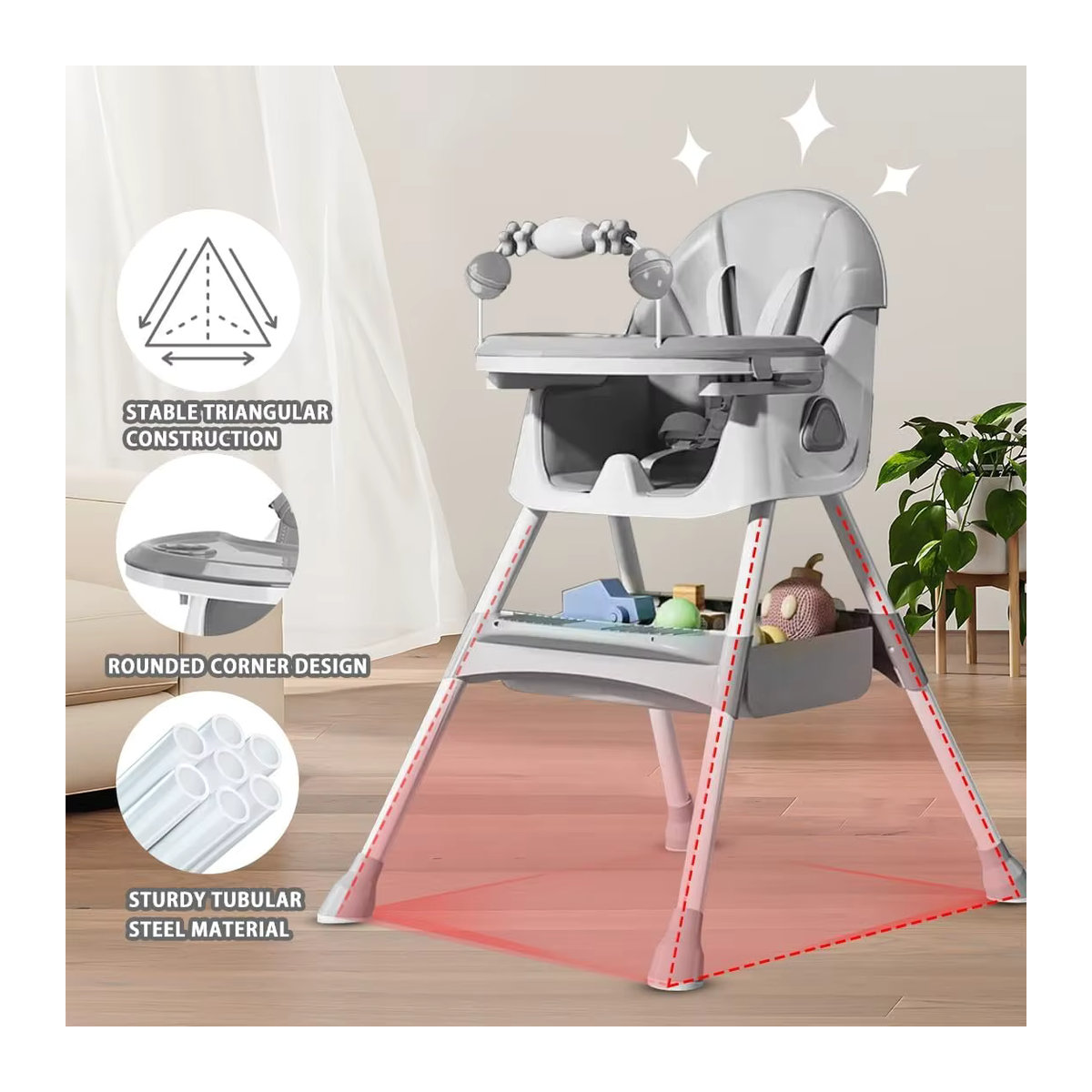 PIORLADO 3-in-1 Hochstuhl für Babys, faltbar und tragbar, umwandelbarer Hochstuhl mit doppelschichtigem Speiseteller in Beige oder Grau - Bild 3
