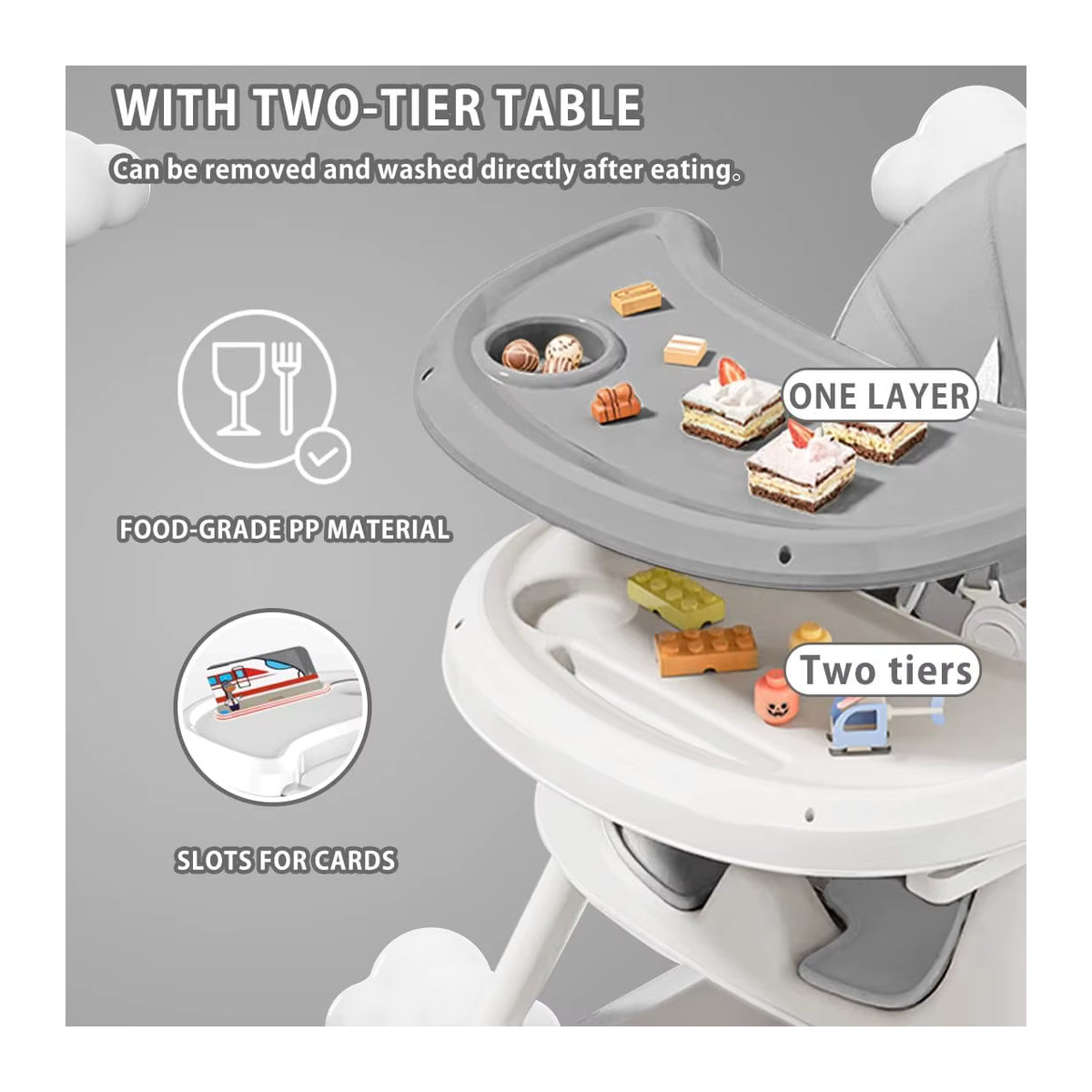 PIORLADO 3-in-1 Hochstuhl für Babys, faltbar und tragbar, umwandelbarer Hochstuhl mit doppelschichtigem Speiseteller in Beige oder Grau - Bild 5