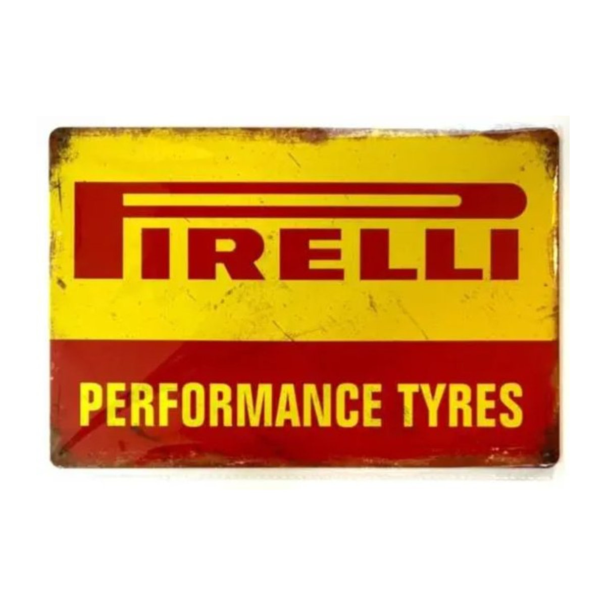 Pirelli Vintage Metallschild mit Reifen-Motiv in Gelb, Rechteckiges Wanddekor für Retro-Auto-Liebhaber, B/H: 30 x 20 cm - Bild 1