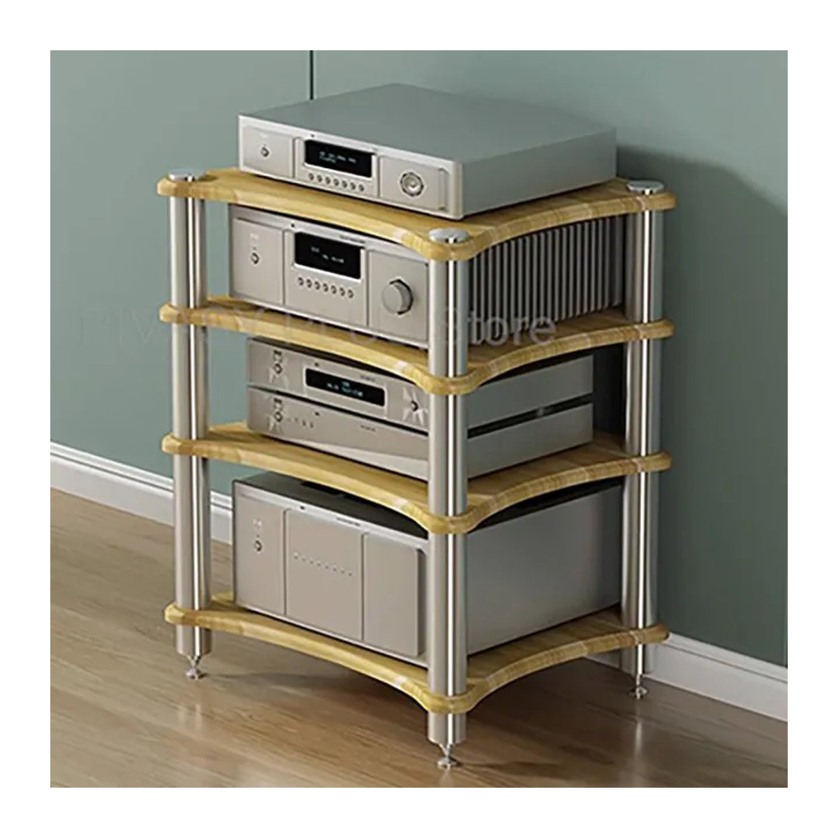 PIVASY Audio Rack aus Edelstahl mit Anti-Vibrations-Spikes für Verstärker und Kopfhörer, 1-4-lagig, Silber/Weiß - Bild 1