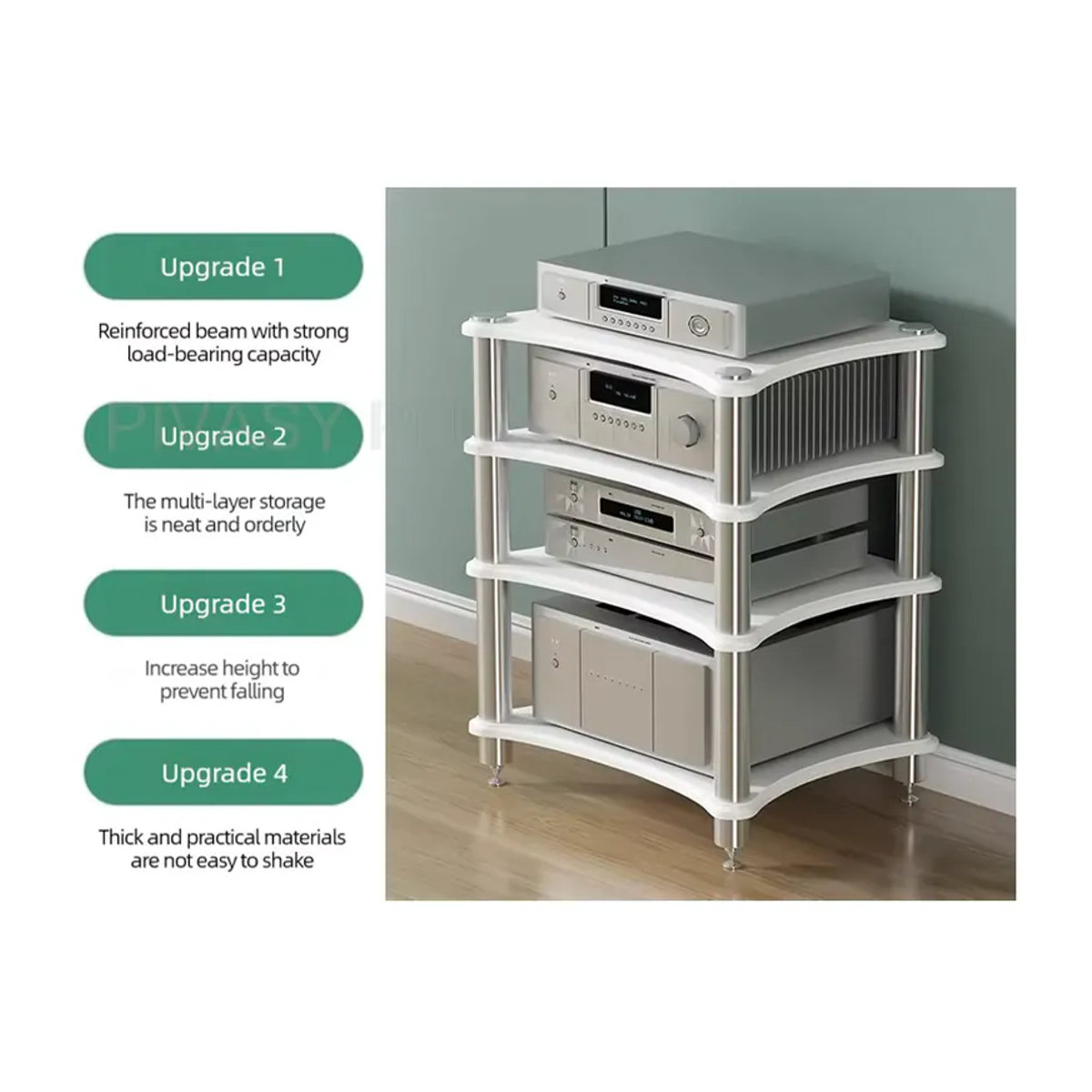 PIVASY Audio Rack aus Edelstahl mit Anti-Vibrations-Spikes für Verstärker und Kopfhörer, 1-4-lagig, Silber/Weiß - Bild 4