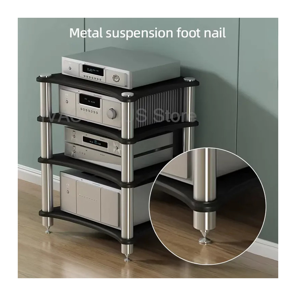 PIVASY Audio Rack aus Edelstahl mit Anti-Vibrations-Spikes für Verstärker und Kopfhörer, 1-4-lagig, Silber/Weiß - Bild 5