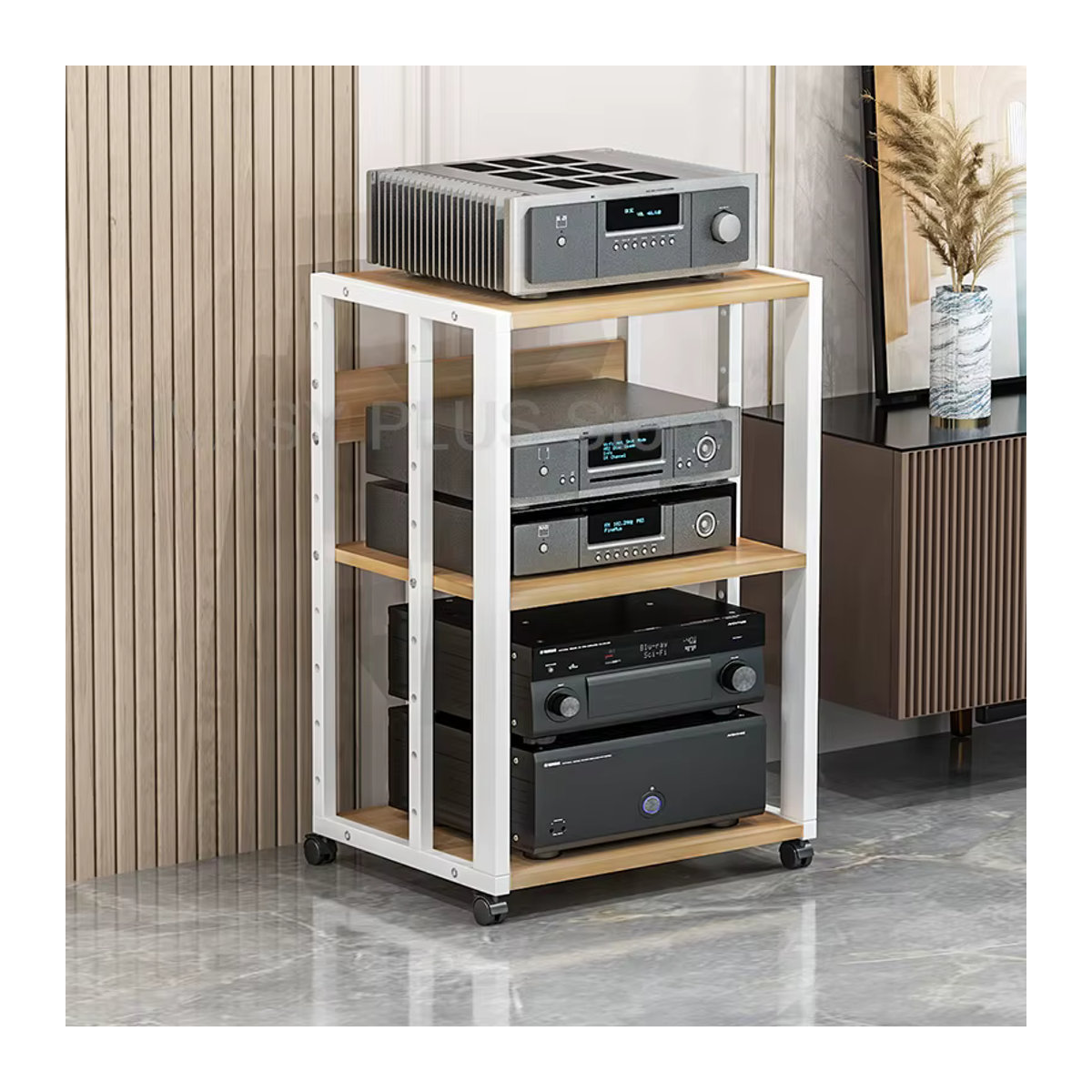 PIVASY HiFi-Rack aus Stahl mit Rollen, Einstellbare Medienkonsole für 2-5 Geräte in Schwarz/Weiß - Bild 1
