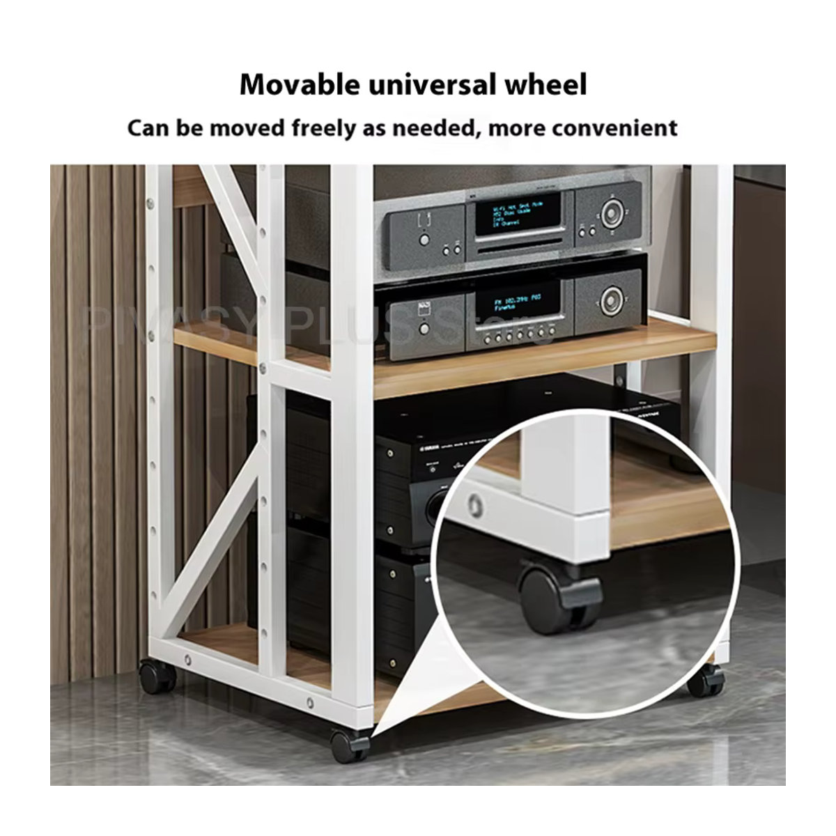 PIVASY HiFi-Rack aus Stahl mit Rollen, Einstellbare Medienkonsole für 2-5 Geräte in Schwarz/Weiß - Bild 2