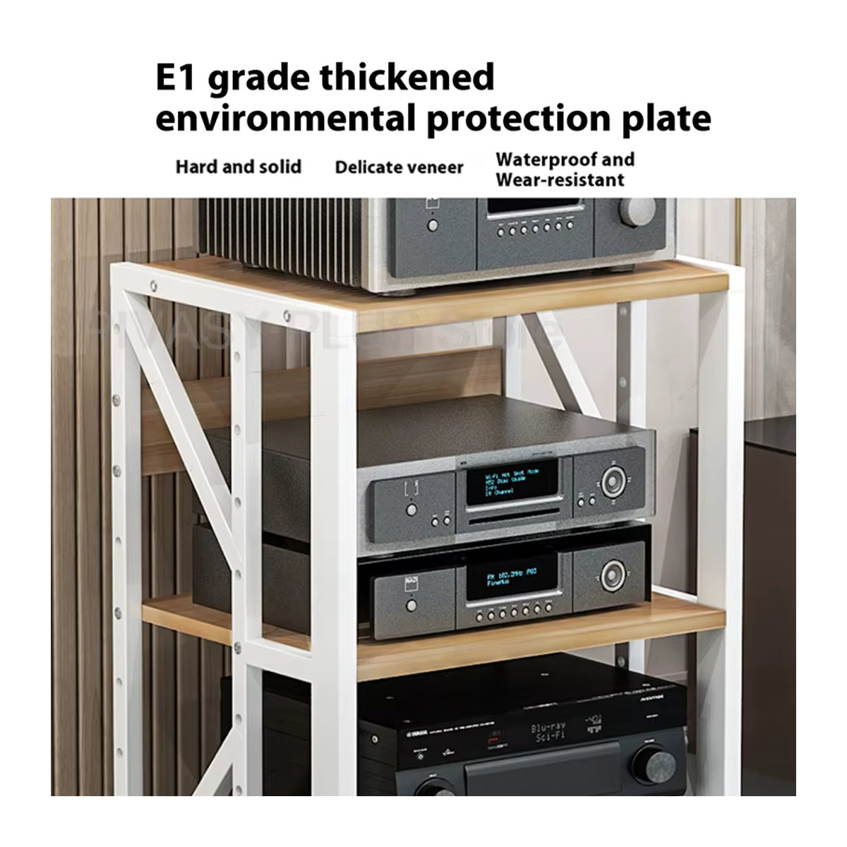 PIVASY HiFi-Rack aus Stahl mit Rollen, Einstellbare Medienkonsole für 2-5 Geräte in Schwarz/Weiß - Bild 3