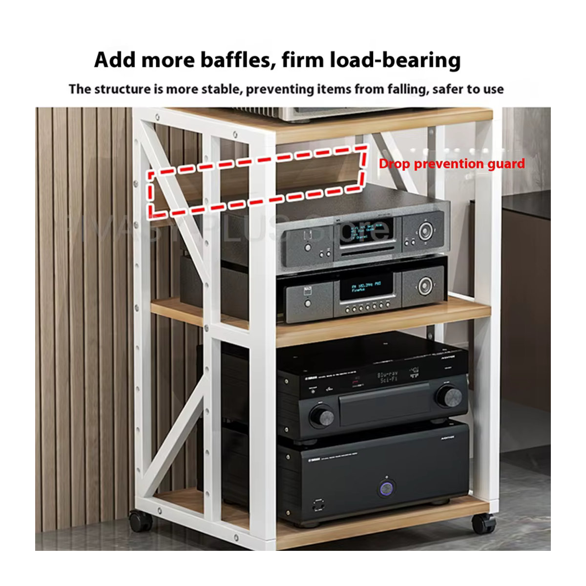 PIVASY HiFi-Rack aus Stahl mit Rollen, Einstellbare Medienkonsole für 2-5 Geräte in Schwarz/Weiß - Bild 4