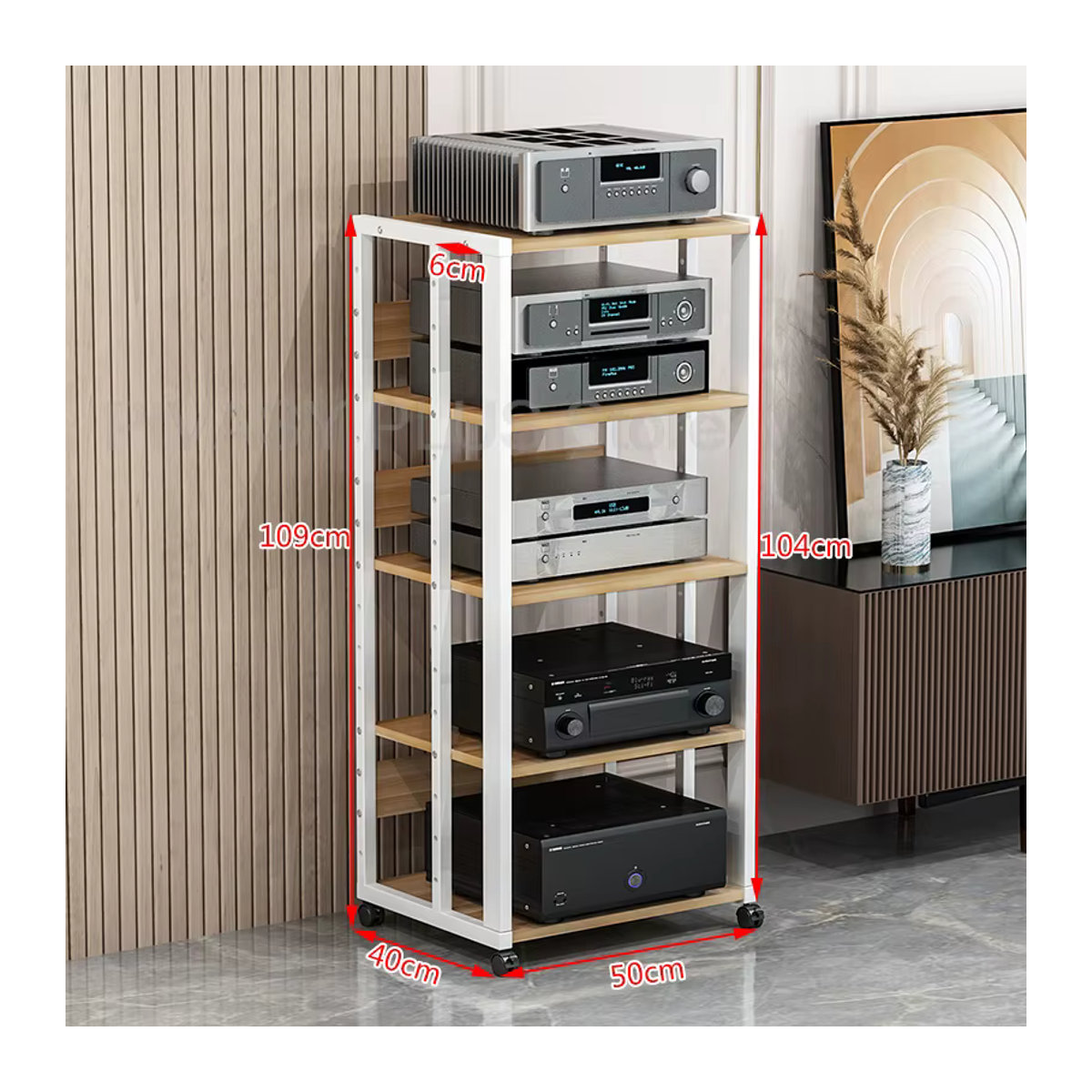 PIVASY HiFi-Rack aus Stahl mit Rollen, Einstellbare Medienkonsole für 2-5 Geräte in Schwarz/Weiß - Bild 5