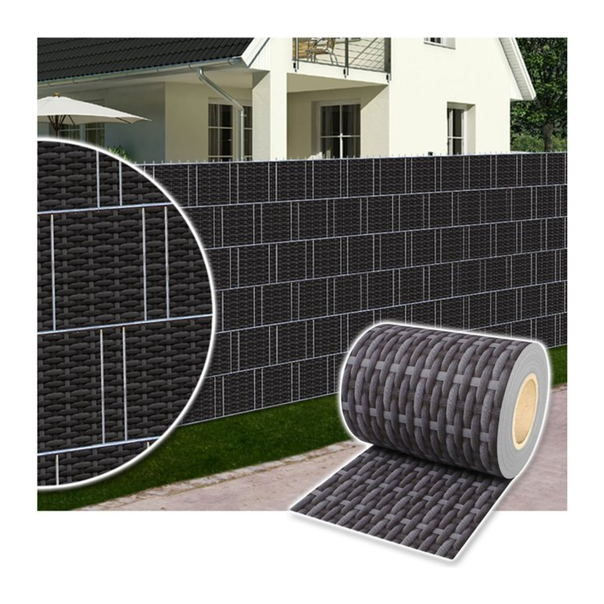 Plantiflex Sichtschutzrolle für Doppelstabmattenzaun in Rattan-Optik, Farbe Anthrazit, 35 m - Bild 1