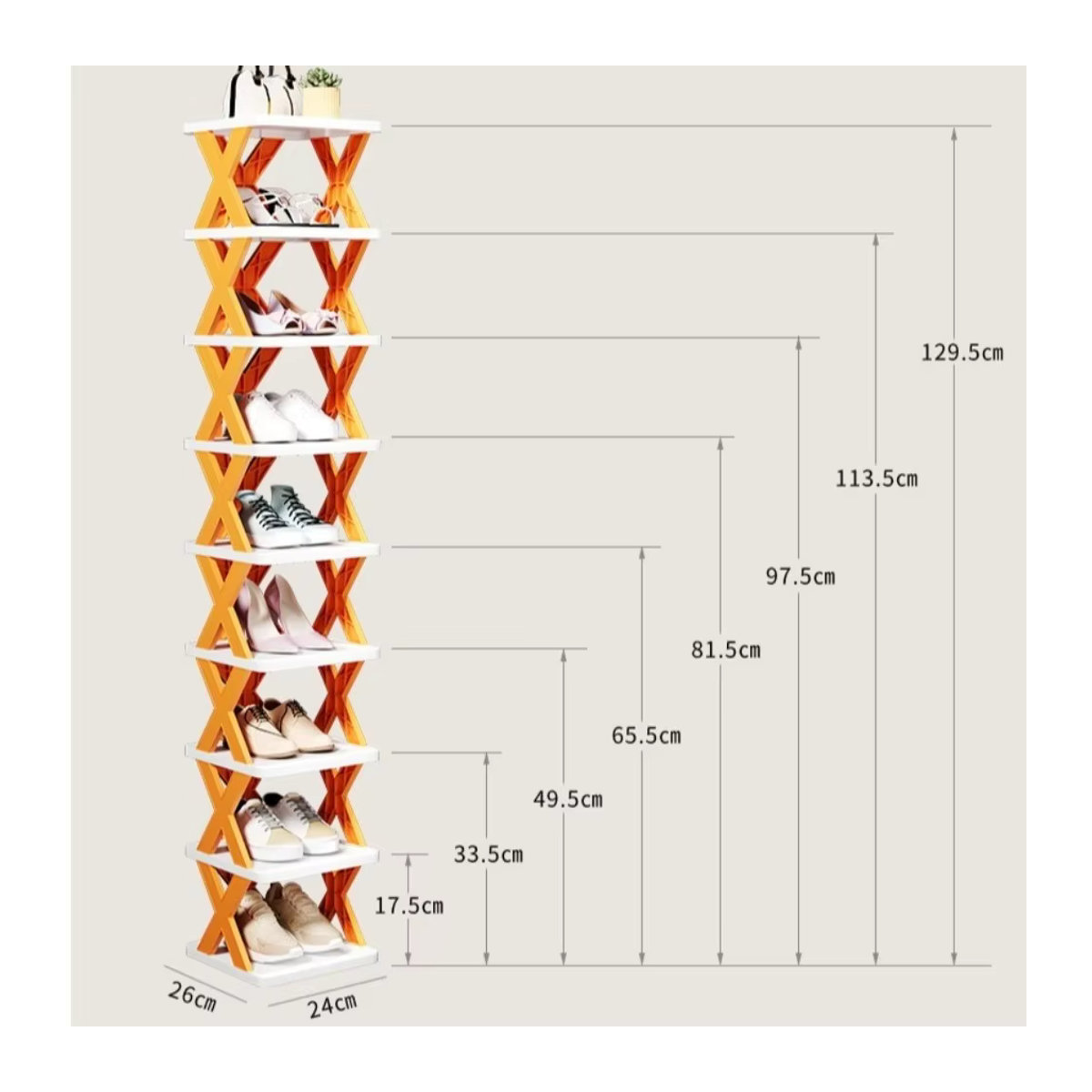 Platzsparendes Schuhregal in X-Form aus Kunststoff, abnehmbar und zusammenklappbar, Orange, 2-lagig - Bild 3