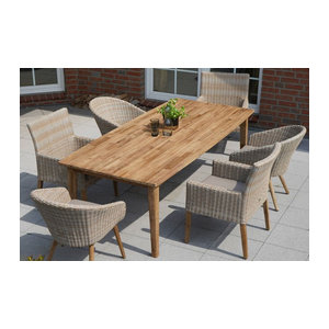 Ploss Gartenmöbel-Set Borneo in Beige Taupe Meliert aus Polyrattan und Akazie mit Tisch und 6 Sesseln im Landhaus-Stil