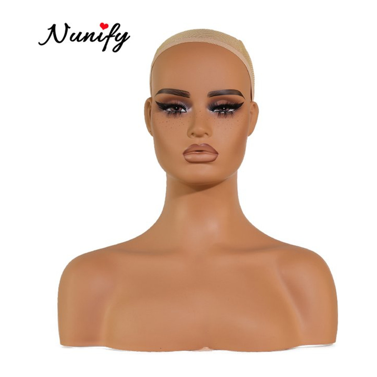 Plussign Perückenkopf Mannequin mit Stand und quadratischem Gesicht in Beige - Bild 1