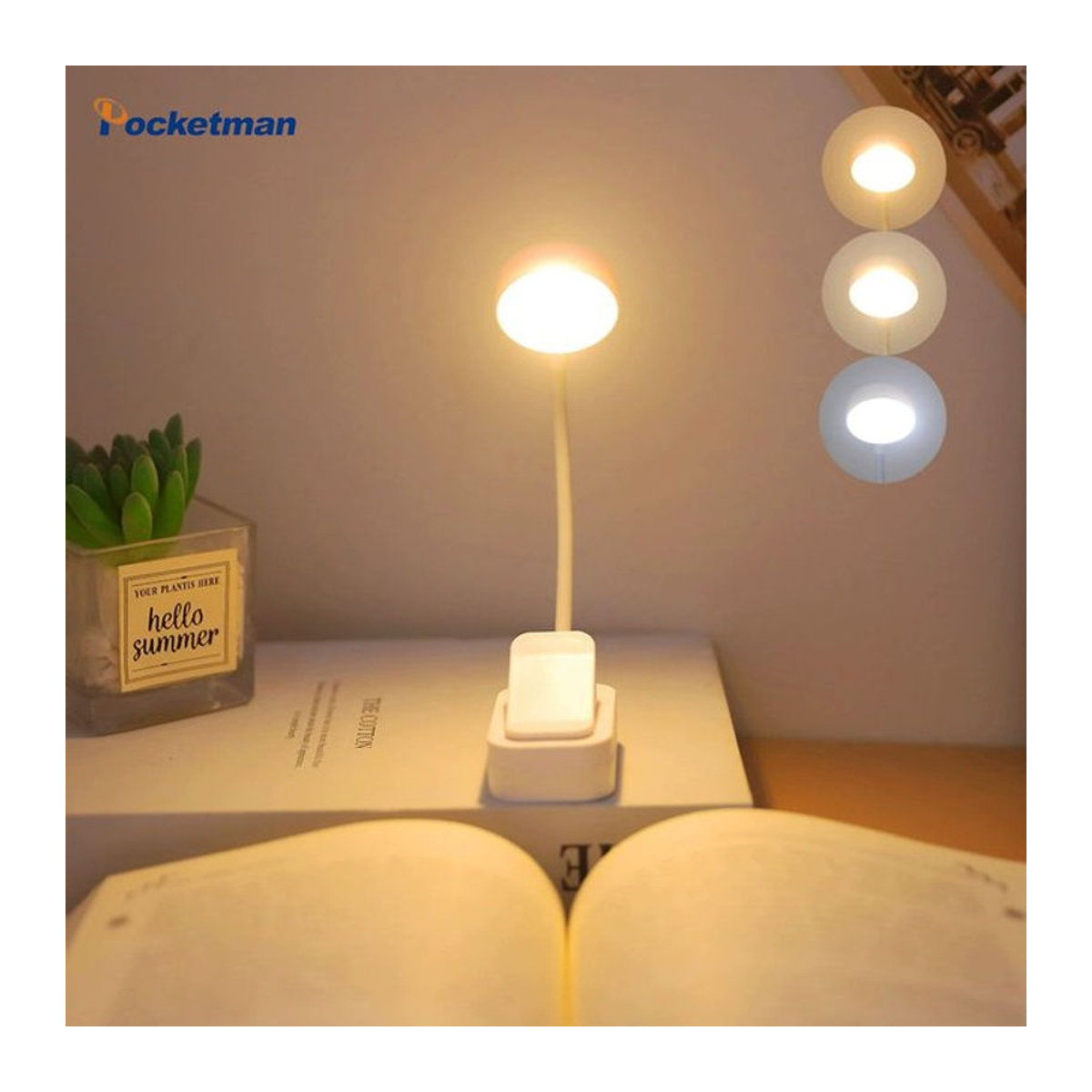 POCKETMAN Mini LED Buchlampe mit Clip und stufenloser Dimmung, USB wiederaufladbare Nachtlampe in 3 Lichtfarben - Bild 1