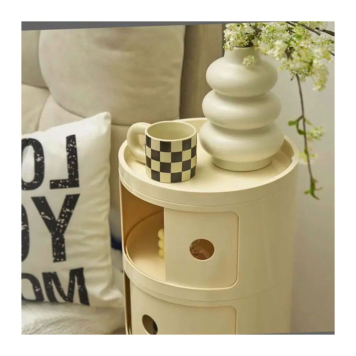 Podofo Runder Nachttisch in Beige aus Kunststoff im Skandinavischen Design - Bild 2