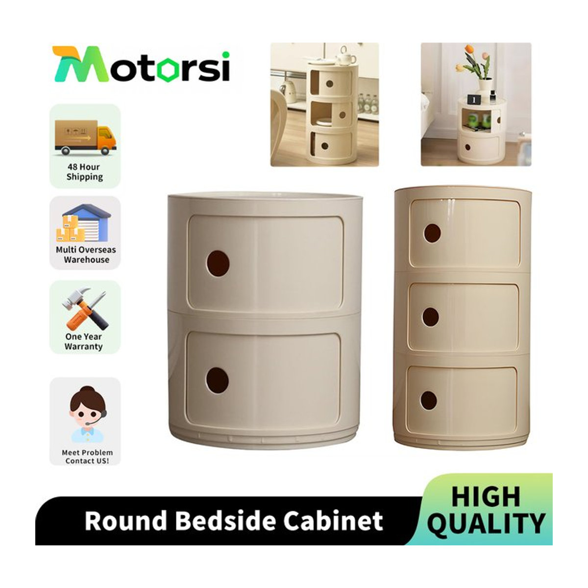 Podofo runder Nachttisch in Beige mit 2 oder 3 Schubladen aus Kunststoff für Schlafzimmer und Wohnzimmer im modernen Design - Bild 1