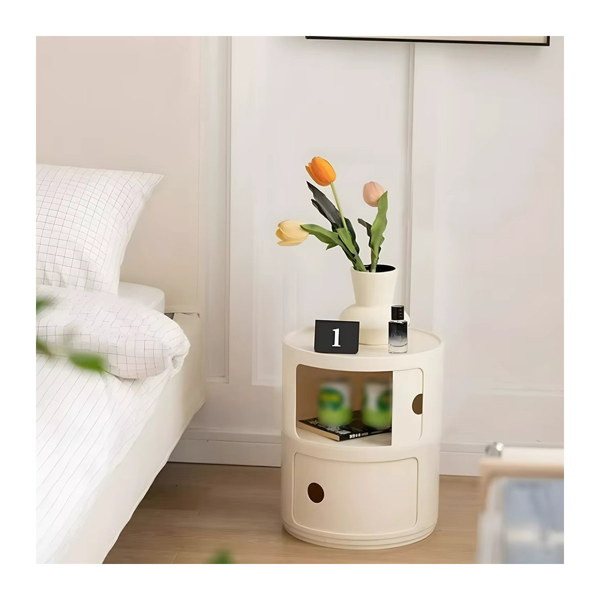 Podofo runder Nachttisch in Beige mit 2 oder 3 Schubladen aus Kunststoff für Schlafzimmer und Wohnzimmer im modernen Design - Bild 2
