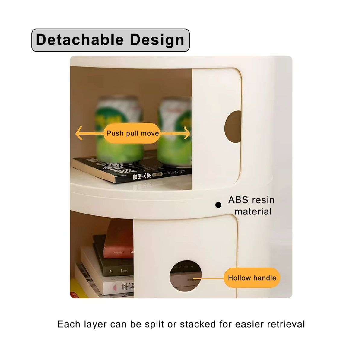 Podofo runder Nachttisch in Beige mit 2 oder 3 Schubladen aus Kunststoff für Schlafzimmer und Wohnzimmer im modernen Design - Bild 6