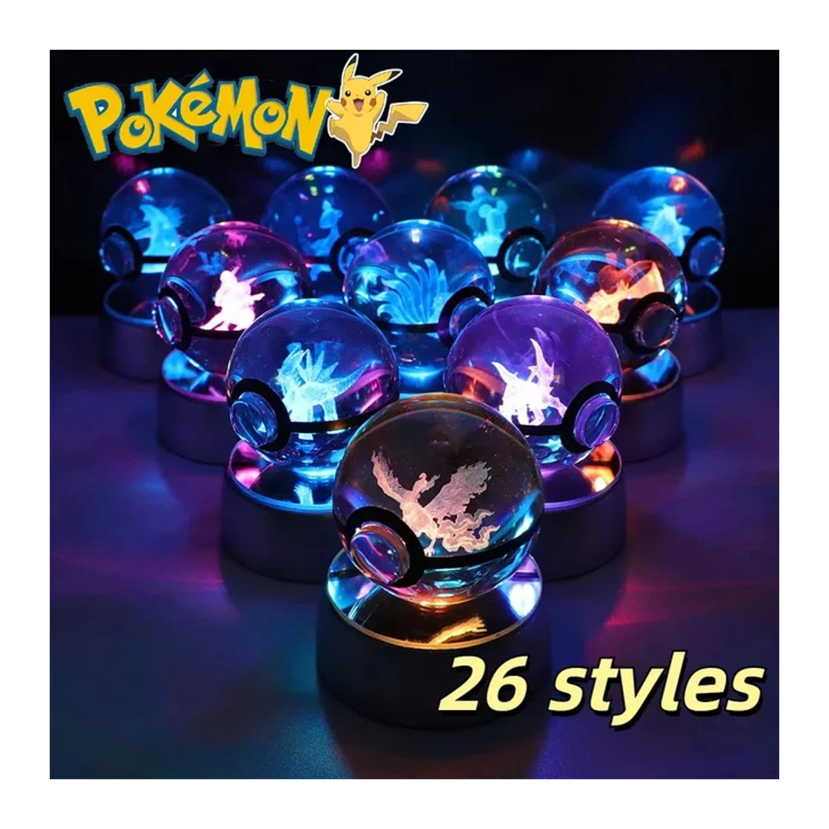 POKEMON 3D Kristallkugel mit verschiedenen Pokémon Figuren wie Charizard, Eevee und Mew, mehrfarbig, Glas - Bild 1