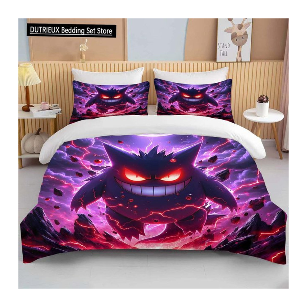 Pokemon Gengar Bettwäsche-Set mit Cartoon Anime Aufdruck in Lila, 3-teilig, B/H: 140 x 200 cm - Bild 1