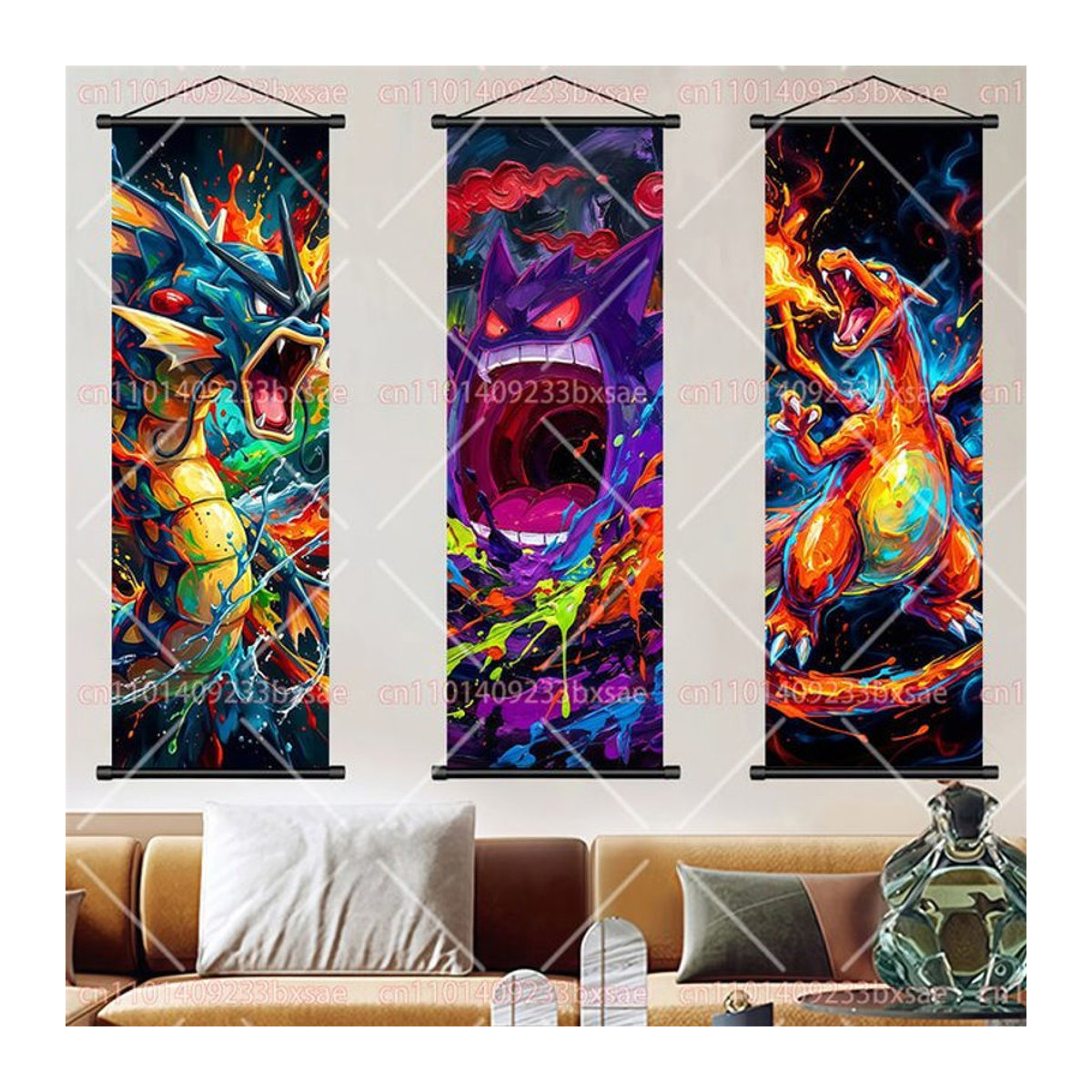 Pokémon Hängendes Rollbild mit Gengar, Charizard, Kyogre, Gyarados, Mewtwo und Rayquaza von TAKARA TOMY, mehrfarbig, Textil und Holz - Bild 1