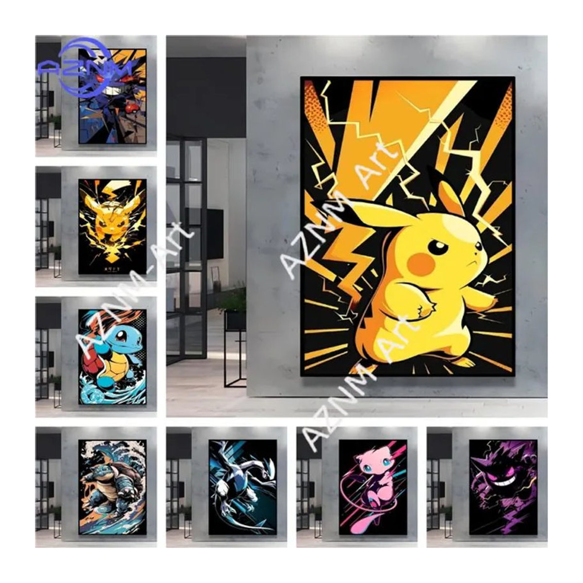 Pokemon Lovely Pikachu dekoratives Gemälde in Gelb, hochwertiger Druck für deine Wanddekoration im Hochformat - Bild 1