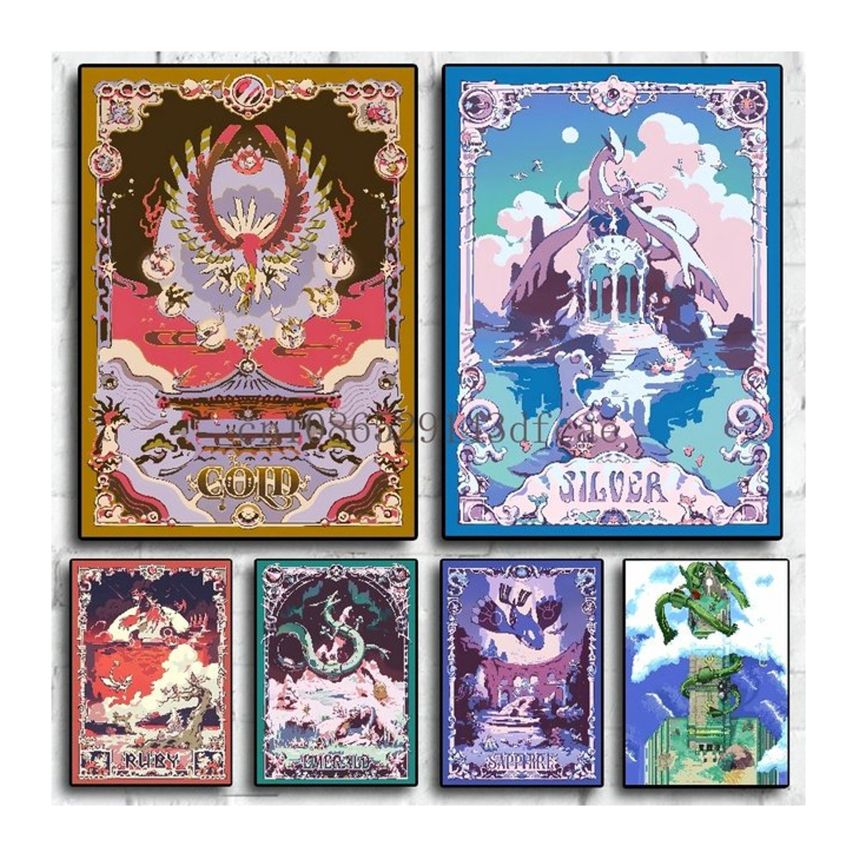 Pokemon Retro Anime Leinwand Wandbild mit Rayquaza und Lugia, Klassische Cartoon Figuren Wandkunst von TAKARA TOMY, Mehrfarbig, Hochformat, Rahmenlos - Bild 1
