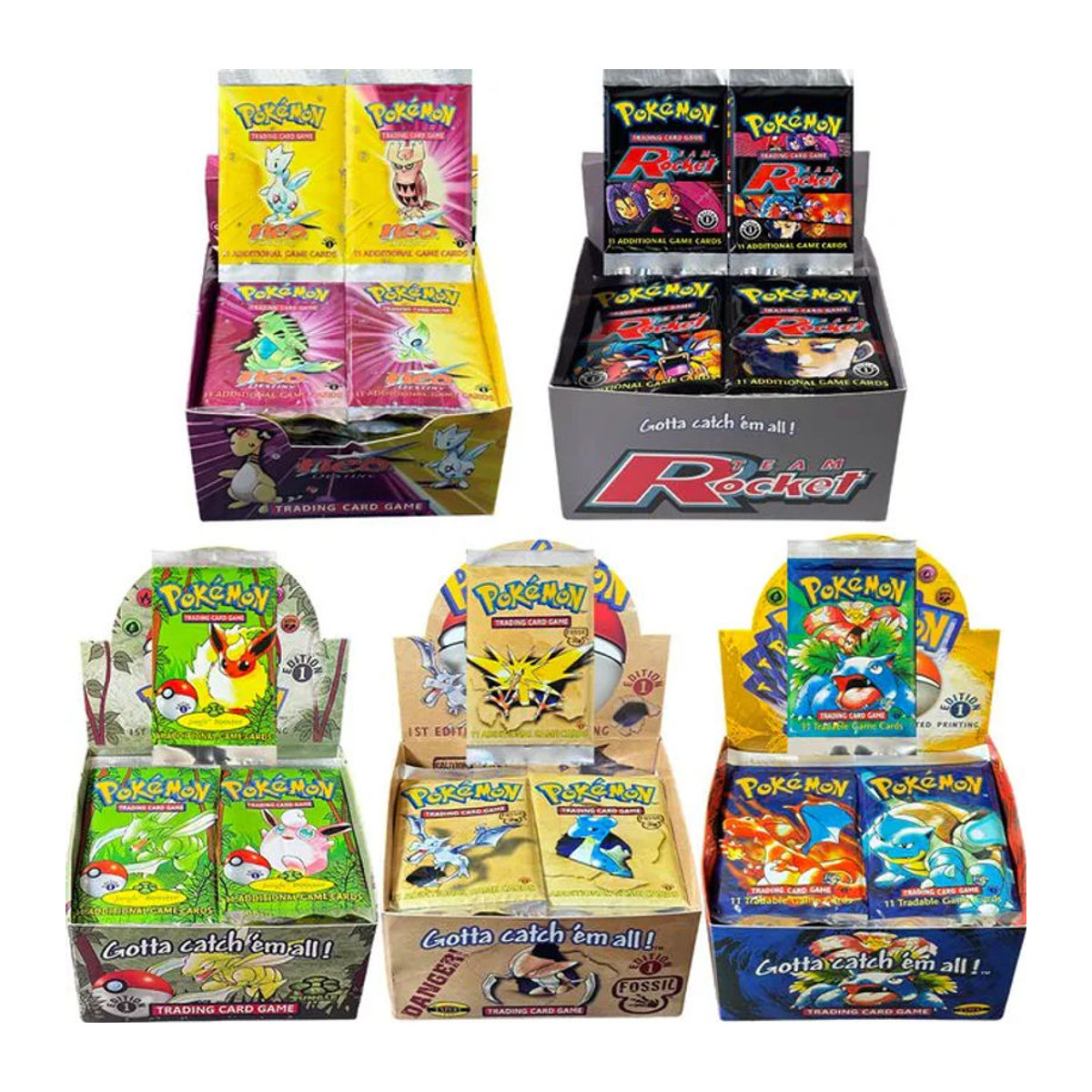 Pokemon Sammelkarten Booster-Pack mit 11 Karten aus verschiedenen Editionen wie Team Rocket, Neo Destiny, Base, Fossil und Jungle in Mehrfarbig - Bild 1