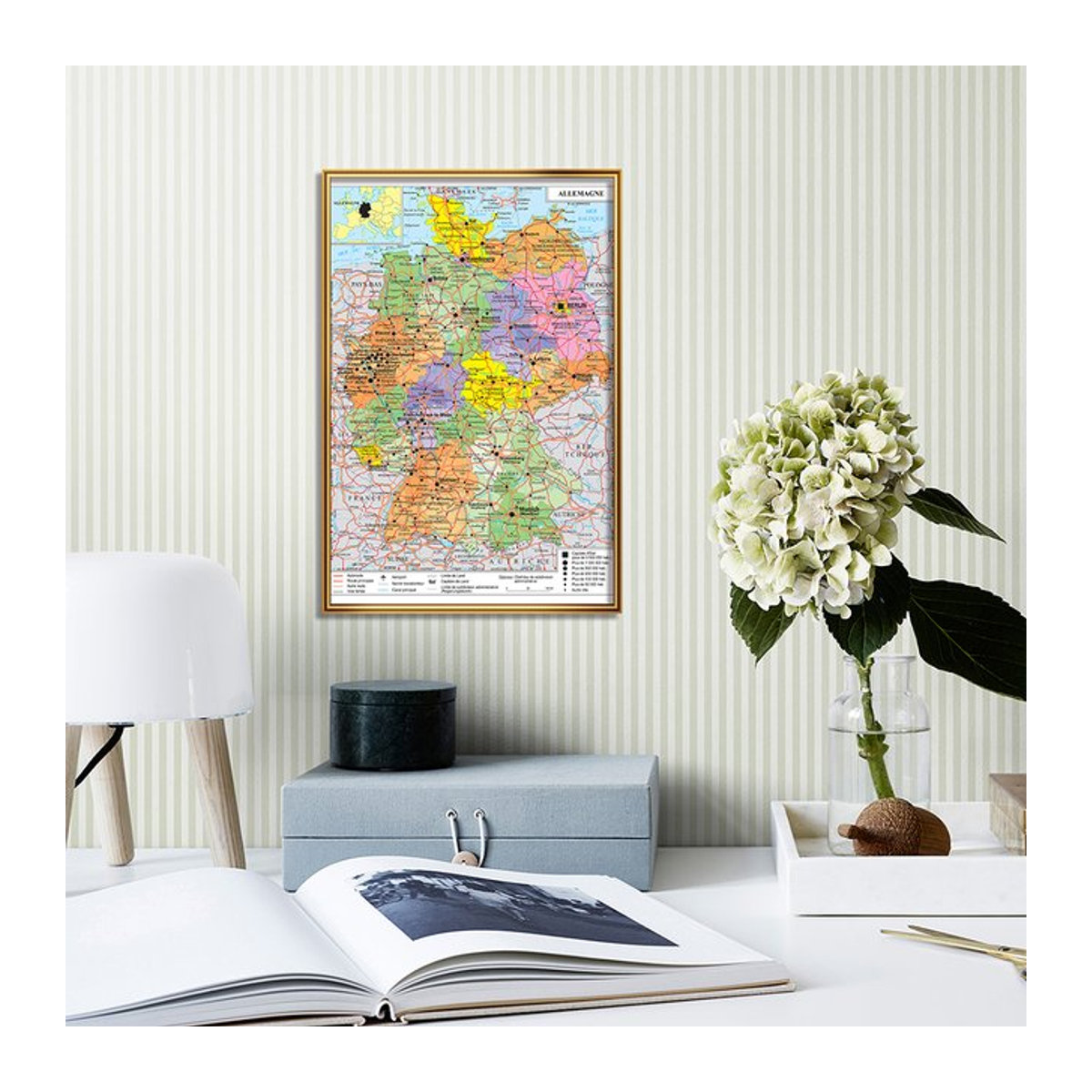Politische Deutschland Karte als Leinwand Wandkunst Poster in Französisch, Vintage Wanddeko für Schule und Zuhause, B: 59 cm, H: 42 cm - Bild 1