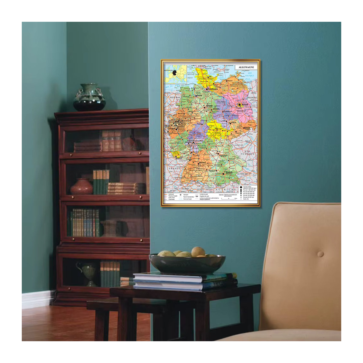 Politische Deutschland Karte als Leinwand Wandkunst Poster in Französisch, Vintage Wanddeko für Schule und Zuhause, B: 59 cm, H: 42 cm - Bild 3