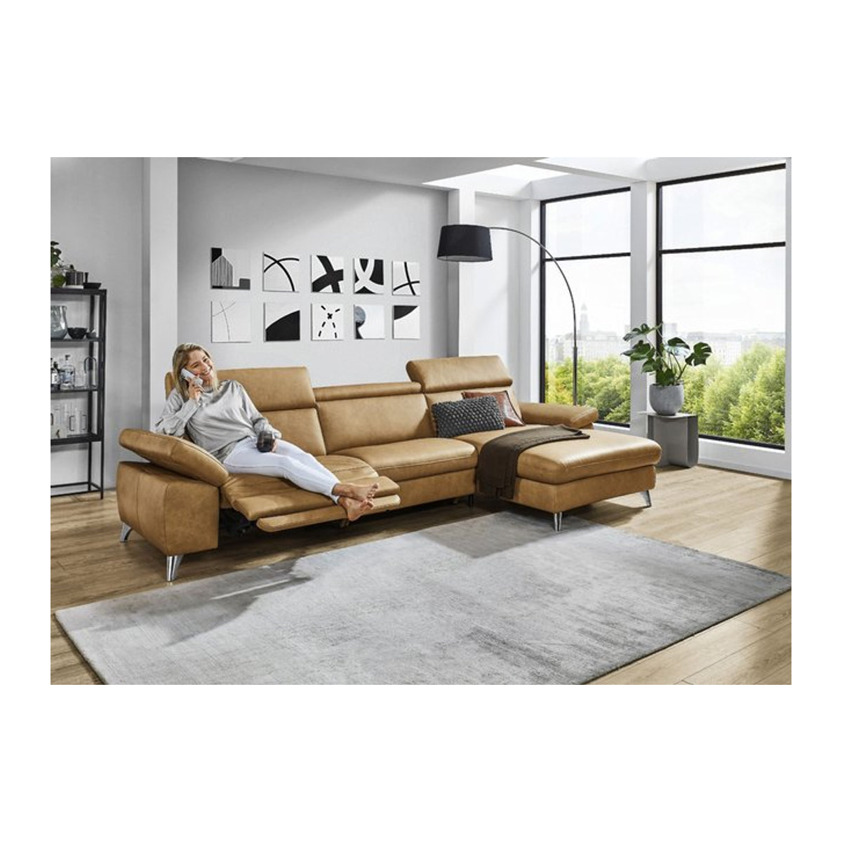 Polsterecke vito TONGA Ecksofa aus Echtleder in Grün und Braun mit Chromgestell, linksseitig konfiguriert - Bild 1