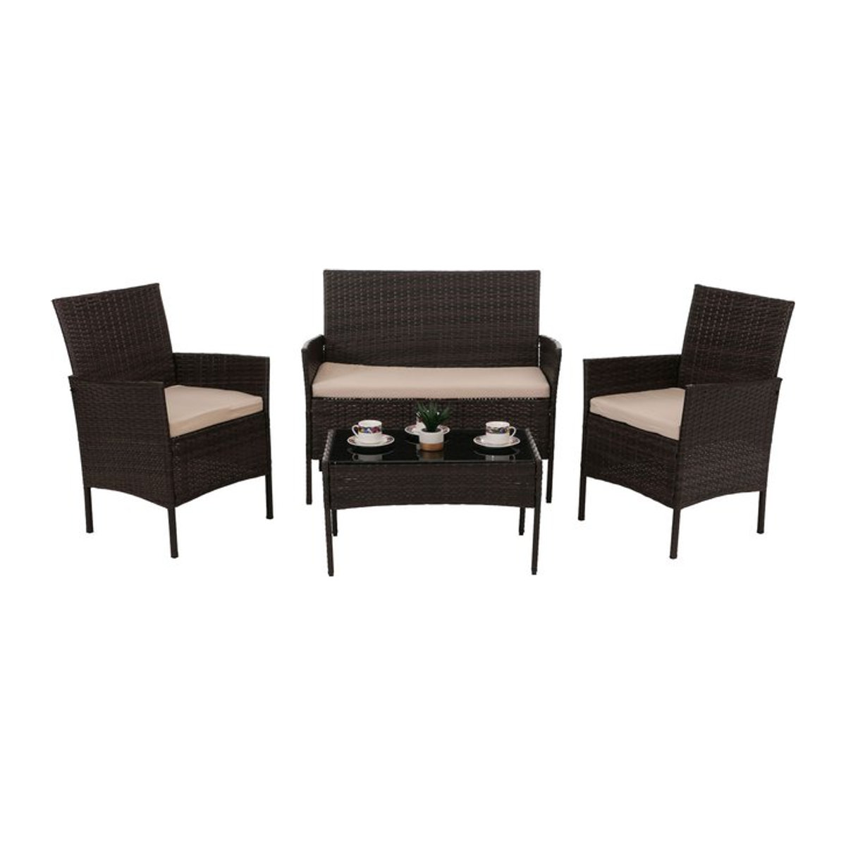 Poly-Rattan Garten-Garnitur MCW-N98 Lounge-Set aus Metall und Glas in Braun mit cremefarbenen Kissen - Bild 1