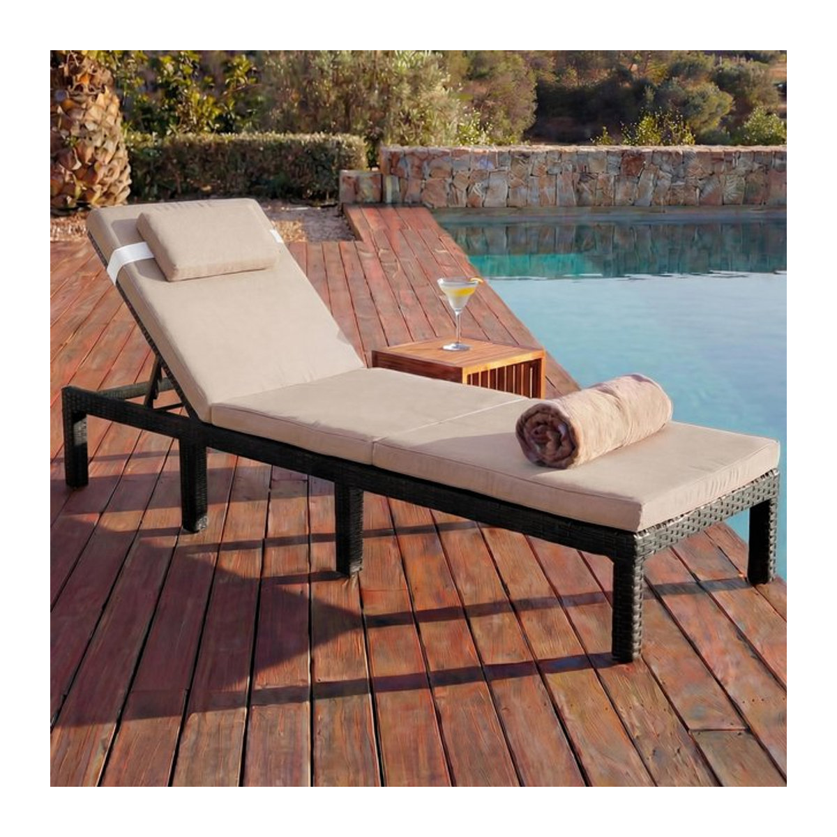 Poly-Rattan Sonnenliege MCW-A51 in Anthrazit mit cremefarbenen Kissen - Bild 1