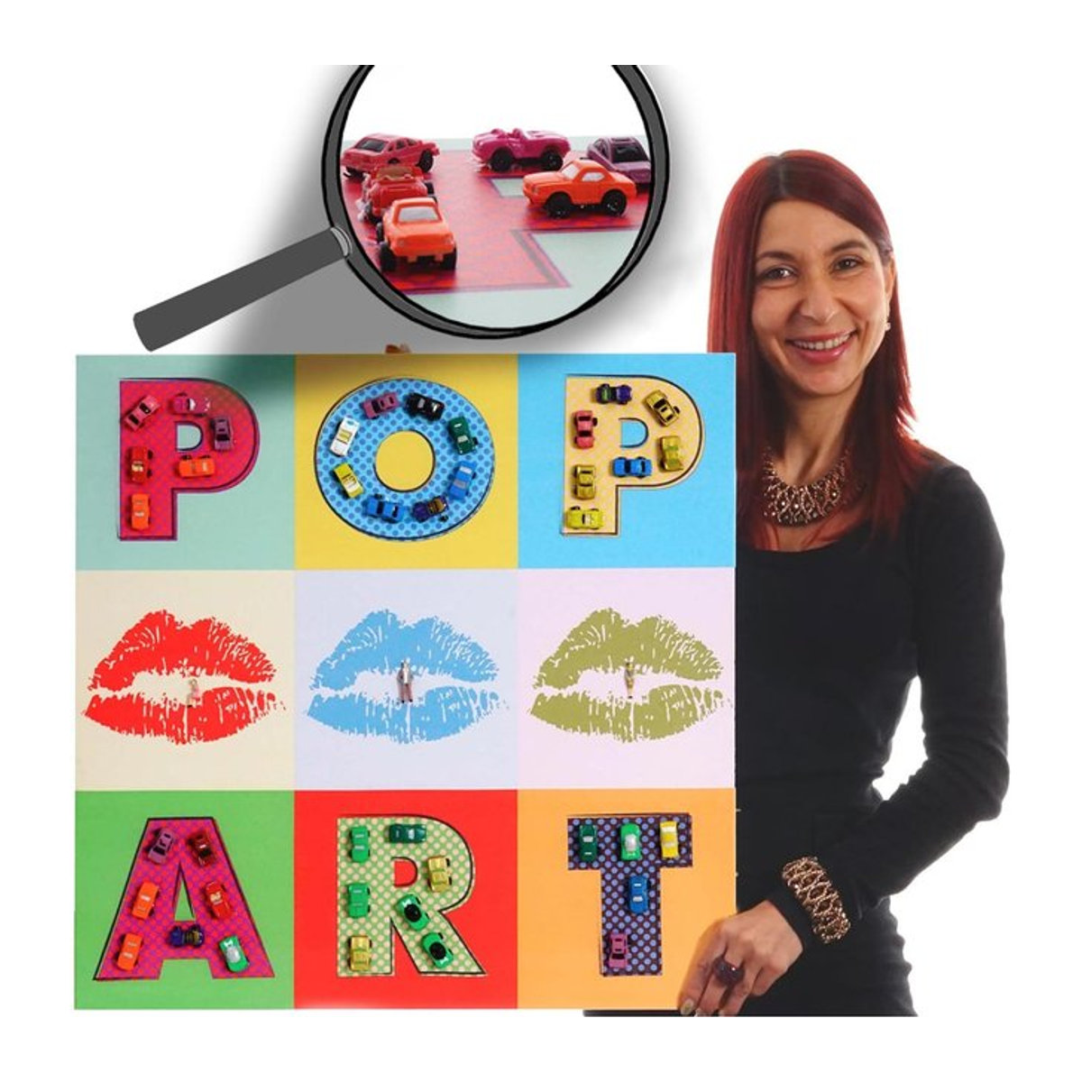 Pop Art Leinwandbild mit Autos und Typografie von MCW, mehrfarbig, B/B/B: 60 x 60 x 60 cm - Bild 1