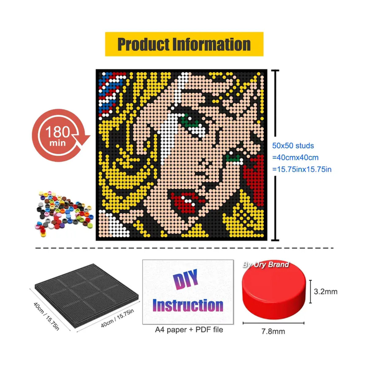 Pop Pixel Art Dame mit Schleifen Mosaik-Gemälde aus Bausteinen, 2400+ Teile DIY Puzzle-Set, mehrfarbig - Bild 2