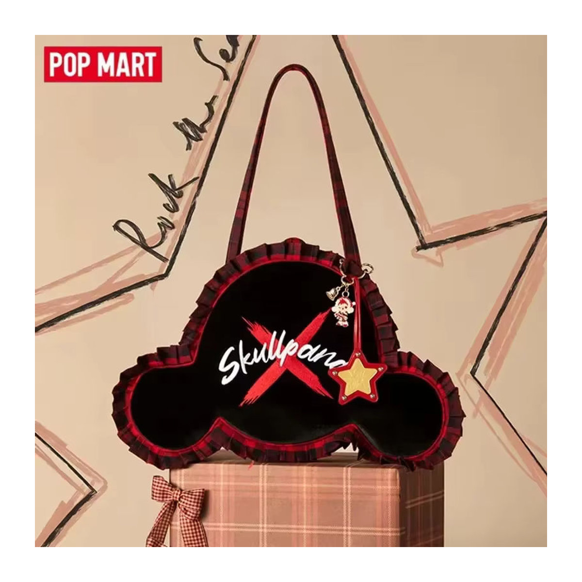 POPMART SKULLPANDA Tell Me What You Want Serie Schultertasche in Schwarz mit kariertem Textil-Design - Bild 2