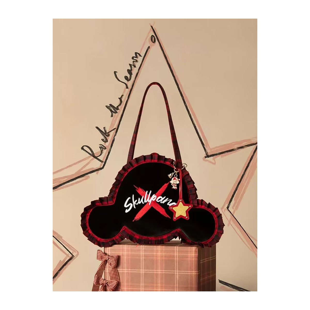 POPMART SKULLPANDA Tell Me What You Want Serie Schultertasche in Schwarz mit kariertem Textil-Design - Bild 4