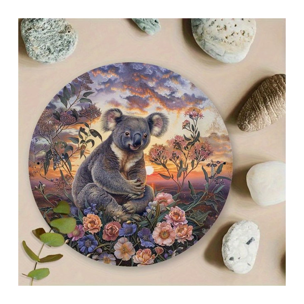 Potdemiel 2D Flat Metal Wall Art Serene Koala Retro Rundes Aluminiumschild Mehrfarbig - Bild 1