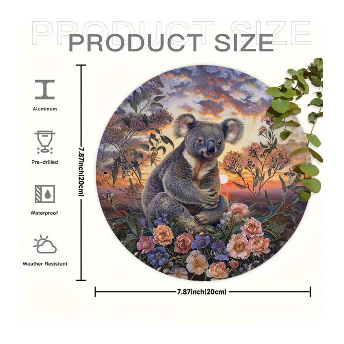Potdemiel 2D Flat Metal Wall Art Serene Koala Retro Rundes Aluminiumschild Mehrfarbig - Bild 2