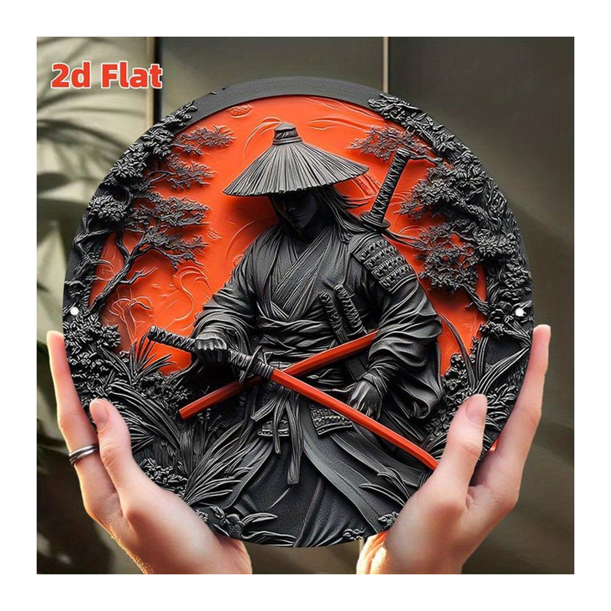 Potdemiel 2D Flat Samurai Red Sun Wanddeko aus Metall, rund, rot/schwarz, Durchmesser: 20 cm - Bild 1