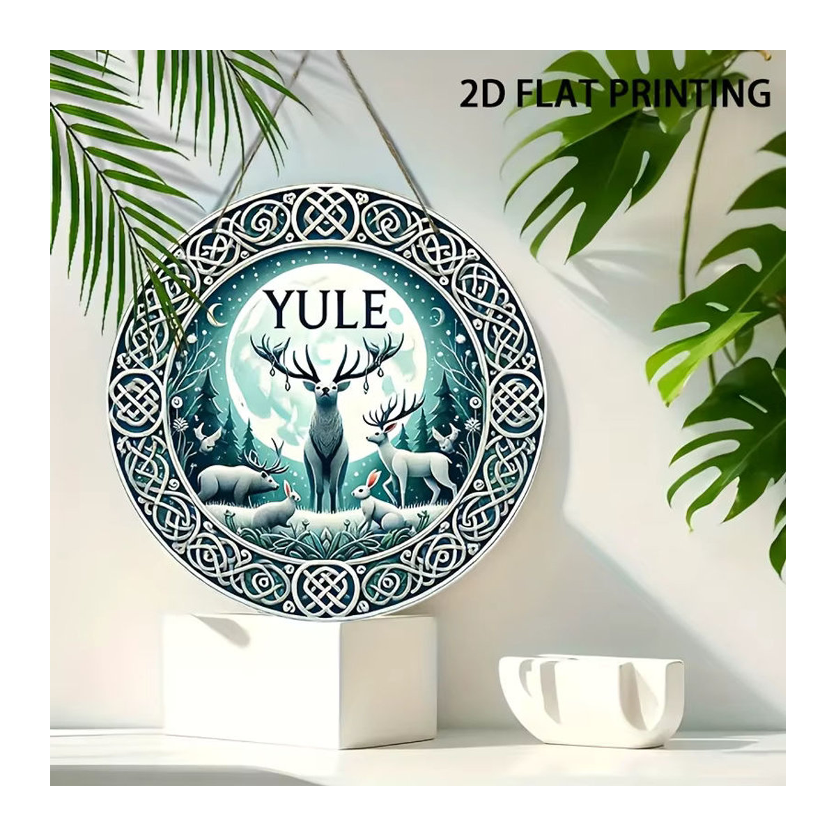 Potdemiel 2D-Wandbehang aus Holz mit Hirsch und Mond im Vintage-Stil, mehrfarbig, quadratisch, hängend mit Schnur - Bild 2